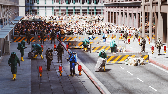 Biohazard danger in modern city with crowds of people. 3D generated image.