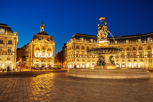 Fountain of the Three Graces at the Place de la Bourse square in Bordeaux, France