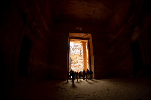 2019- February 21-Petra Jordan- Tourists were left in the monastery by the guards because of rain, this rarely happens. Ceiling very high and you can see how it is dug into the rock.