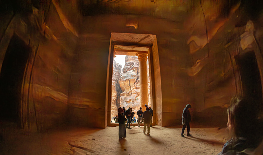2019- February 21-Petra Jordan- Tourists were left in the monastery by the guards because of rain, this rarely happens. Ceiling very high and you can see how it is dug into the rock.