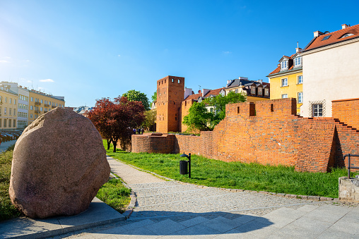 Wall and old town in Warsaw, Poland.