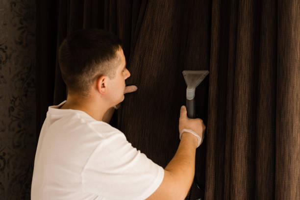 istock Dry cleaning of curtains using extraction method in professional cleaning service. Cleaning curtains with extractor machine. Process of extracting dirt and dust from curtains. 1492071588