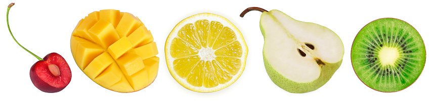 Slice of cherry, mango, lemon, pear and kiwi on an isolated white background.