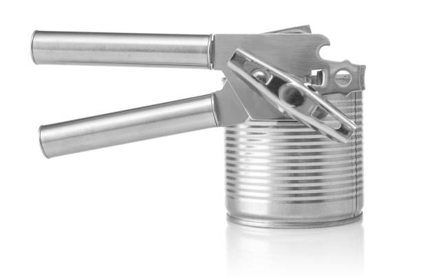 Metal can opener close up isolated on a white background