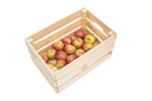 Fresh organic apples in wooden crate isolated on white background