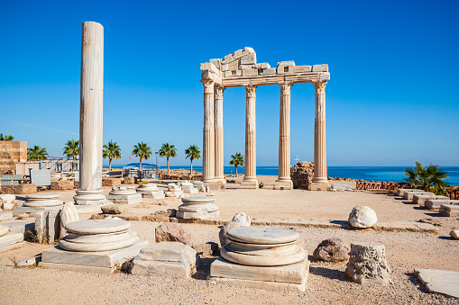Temple of Apollo at the ancient city of Side in Antalya region on the Mediterranean coast of Turkey.