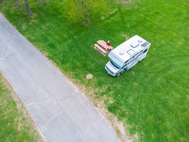 istock Aerial view of man besides motorhome 1492080737