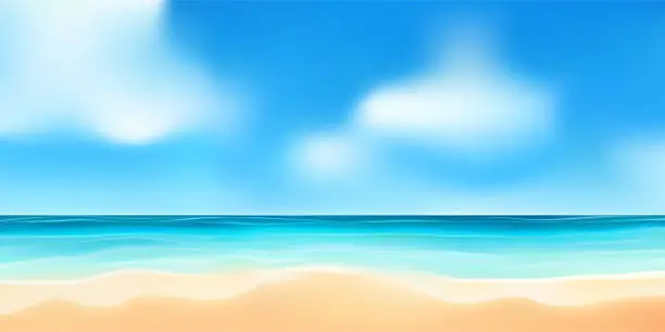 Vector illustration of Landscape, summer tropical beach. Azure sea, ocean, surf, blue sky with clouds, sand. Design concept for travel, family vacation. Natural beach background. Vector illustration