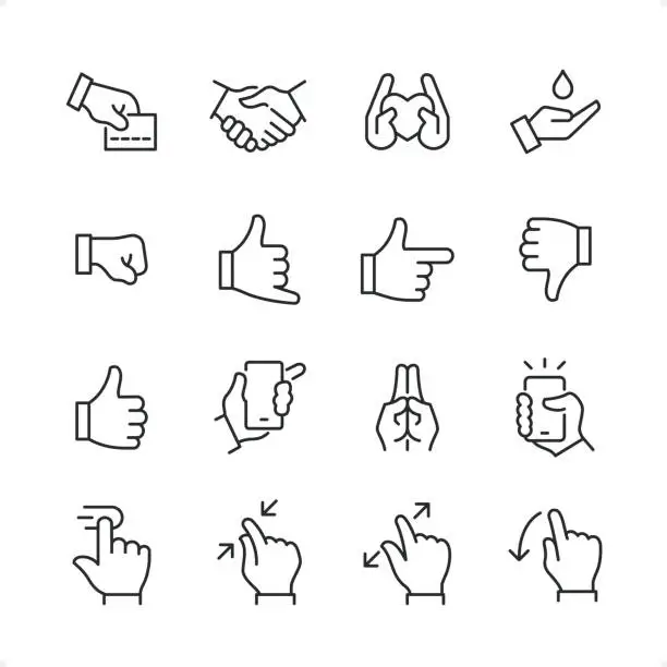 Vector illustration of Hand Gestures - Pixel Perfect line icon set, editable stroke weight.