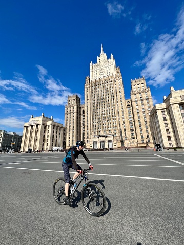 Moscow, Russia - May 21, 2023:  People cycling on Moscow street