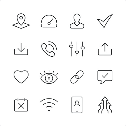 Contacts and Settings icons set #83 

Specification: 16 icons, 64×64 pх, editable stroke weight! Current stroke 2 pt. 

Features: pixel perfect, unicolor, editable stroke weight, thin line. 

First row of icons contains: 
Map, Speedometer, User, Check Mark;

Second row contains:
Inbox, Call, Equalizer, Outbox;

Third row contains:
Love, Eye, Lock, Speech Bubble;

Fourth row contains: 
Calendar, Wireless Technology, Mobile Phone, Growing Arrows.

Complete Cubico collection — https://www.istockphoto.com/uk/collaboration/boards/_R8CZuIXmUiUCIbekezhFA