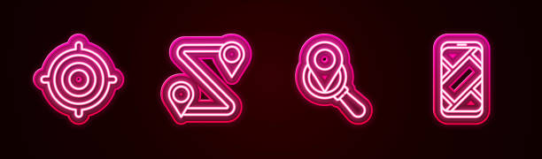 istock Set line Target sport, Route location, Search and City map navigation. Glowing neon icon. Vector 1492083539