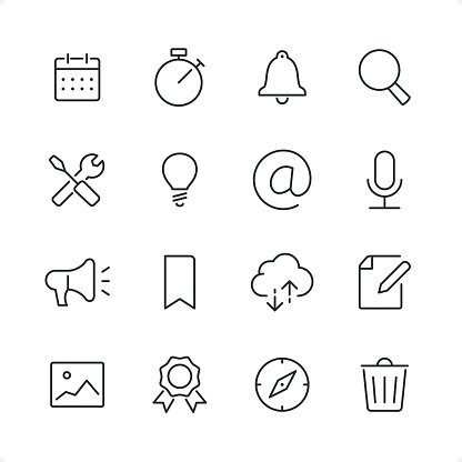 User Interface icons set #85

Specification: 16 icons, 64×64 pх, editable stroke weight! Current stroke 2 pt. 

Features: pixel perfect, unicolor, editable stroke weight, thin line. 

First row of icons contains:
Calendar, Stopwatch, Notifications, Searching; 

Second row contains: 
Settings, Light Bulb, E-Mail, Microphone; 

Third row contains: 
Megaphone, Bookmark, Cloud Computing, Edit; 

Fourth row contains:
Photo, Award, Compass, Trash.

Complete Cubico collection — https://www.istockphoto.com/uk/collaboration/boards/_R8CZuIXmUiUCIbekezhFA