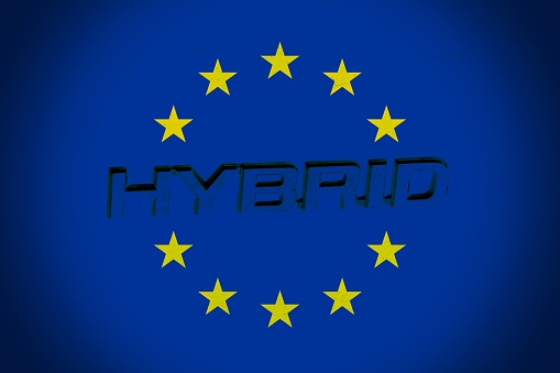 European flag with the 3d text Hybrid