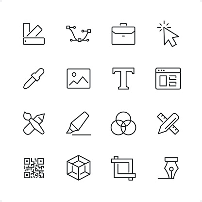 Web Design icons set #89

Specification: 16 icons, 64×64 pх, editable stroke weight! Current stroke 2 pt. 

Features: pixel perfect, unicolor, editable stroke weight, thin line. 

First row of  icons contains:
Color Swatch, Vector Curves, Briefcase, Cursor;

Second row contains: 
Eyedropper, Photography, Typescript, Web Page;

Third row contains: 
Paintbrush & Pencil, Highlighter, Multi-Layered Effect, Crossed Ruler and Pencil; 

Fourth row contains: 
QR Code, Three Dimensional Block, Cross Rulers, Nib.

Complete Cubico collection — https://www.istockphoto.com/uk/collaboration/boards/_R8CZuIXmUiUCIbekezhFA