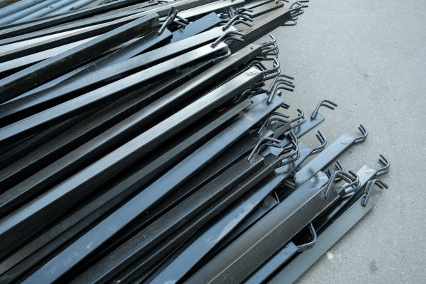 New disassembled metal modular scaffolding. Construction equipment before use