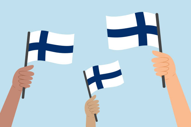 Diverse hands raising flags of Finland. Vector illustration of Finnish flags. Diverse hands raising flags of Finland. Vector illustration of Finnish flags in flat style on blue background. finnish culture stock illustrations