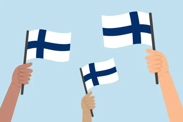 Vector illustration of Diverse hands raising flags of Finland. Vector illustration of Finnish flags.