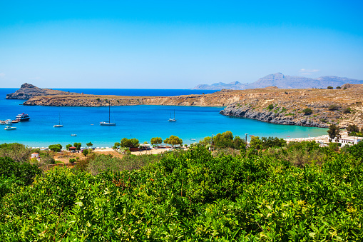 Saint Paul's Beach aerial panoramic view in Lindos town at Rhodes island, Greece