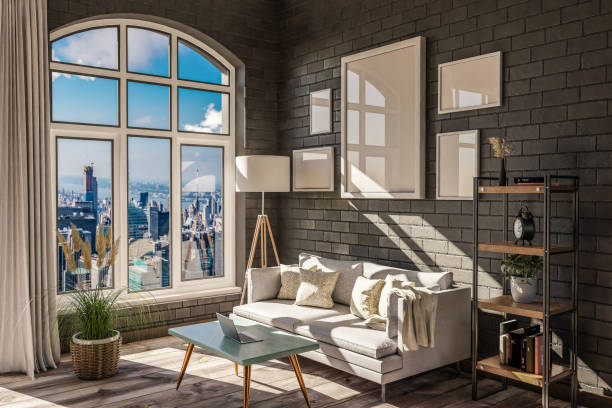 istock luxurious loft apartment with arched window and panoramic view over urban downtown; noble interior living room design mock up; 3D Illustration 1492086020