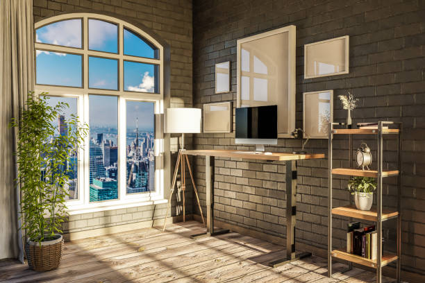 istock modern standing desk pc workplace in daylight downtown skyline office; home decoration desing and home office concept; 3D Illustration 1492086034