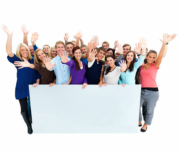 istock Excited young men and women with placard 149208666