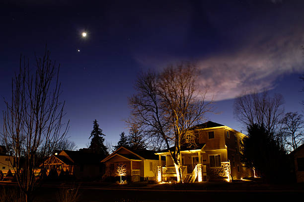 Suburban homes in twilight stock photo