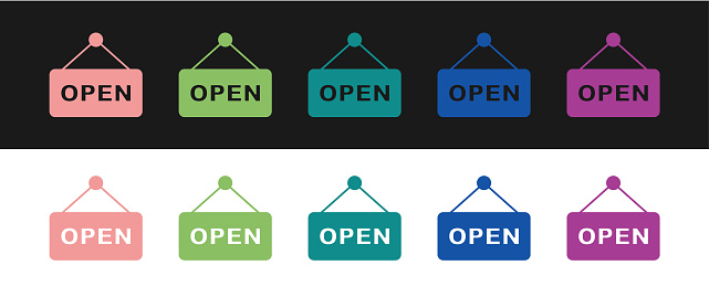 Set Hanging sign with text Open door icon isolated on black and white background. Vector.