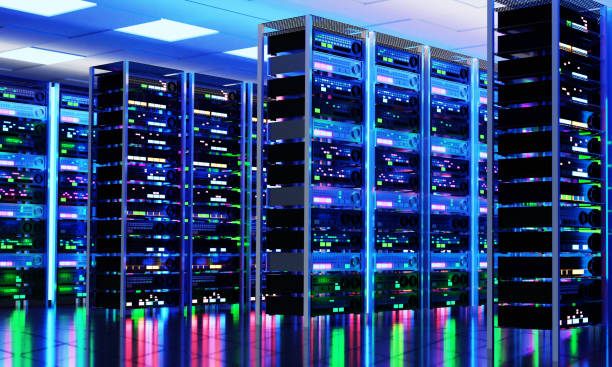 istock Interior of Big Modern server room with rows of rack cabinets, data centre or mining farm interior with beautiful neon lights reflections. 1492089496