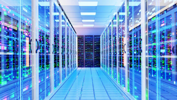 istock Interior of Big Modern server room with rows of rack cabinets, data centre or mining farm interior with beautiful neon lights reflections. 1492089517