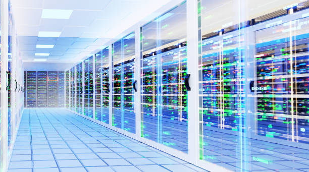 istock Interior of Big Modern server room with rows of rack cabinets, data centre or mining farm interior with beautiful neon lights reflections. 1492089543