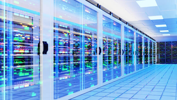 istock Interior of Big Modern server room with rows of rack cabinets, data centre or mining farm interior with beautiful neon lights reflections. 1492089553