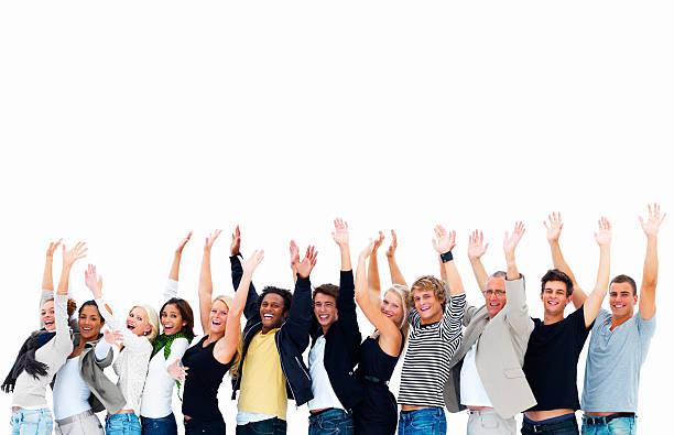 istock Excited men and women with arms raised 149209015