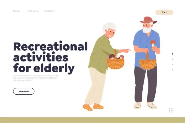 Vector illustration of Recreational activities for elderly concept for landing page with happy old people picking mushrooms