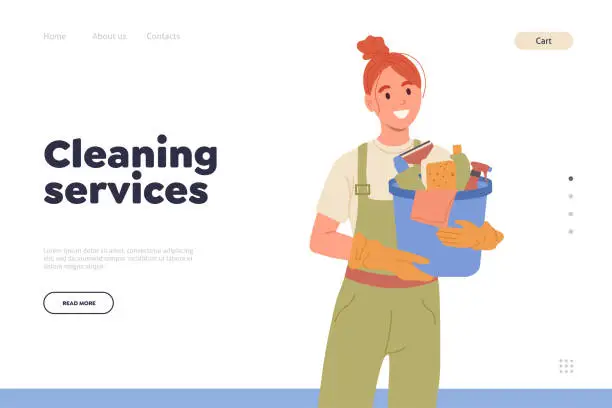 Vector illustration of Cleaning service landing page for company or agency providing help in home or office renovation