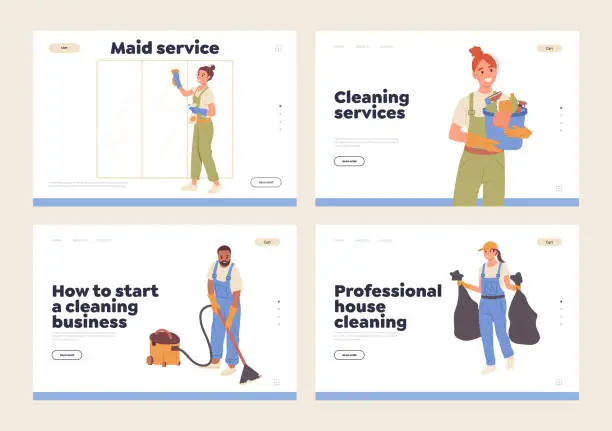 Vector illustration of Set of landing page design template for online cleaning service order offering professional help