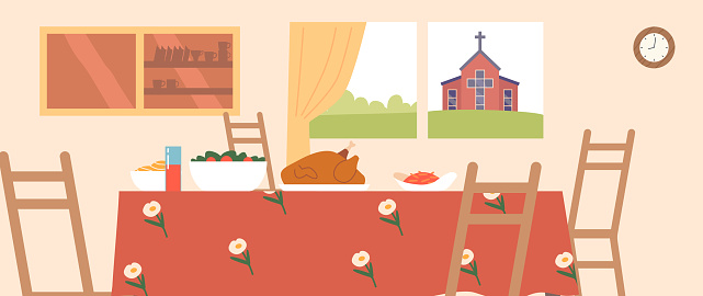 Kitchen Interior with Turkey on Table, Church View From Window. Perfect Setting For A Holiday Feast With A Serene Ambiance And A Scenic View. Christian Family Apartment. Cartoon Vector Illustration