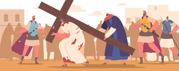 Vector illustration of Jesus, Burdened With The Weight Of Cross With Simon Of Cyrene Helps Him To Walk The Path Of Sacrifice And Redemption