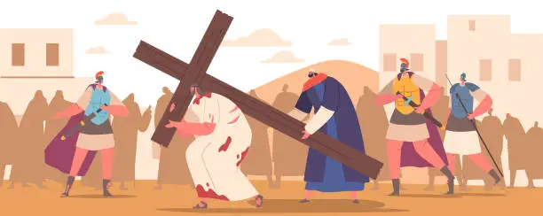 Vector illustration of Grim Biblical Scene, Jesus The Heavy Cross With Help Of Simon Of Cyrene. His Face Etched With Pain On His Way