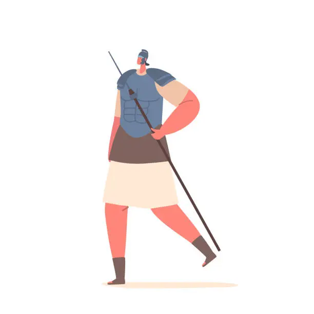 Vector illustration of Powerful And Disciplined, The Roman Soldier Character Clad In Armor, Gripping His Spear Firmly. Symbol Of Military Might