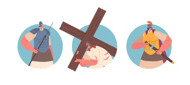 Vector illustration of Isolated Round Icons Jesus Carrying The Cross, And Roman Soldiers. Biblical Scene Depicting The Sacrificial Journey