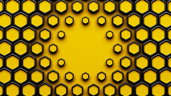 Yellow digital technological background with hexagon cells. 3d abstract illustration of honeycomb structure.