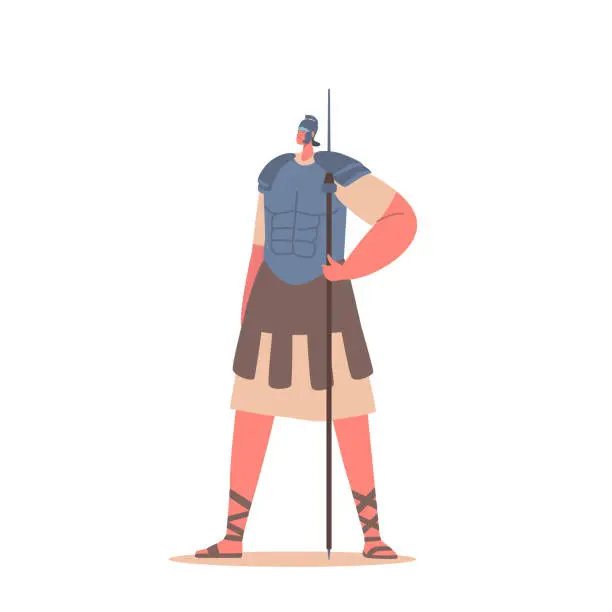 Vector illustration of Disciplined And Formidable, The Roman Soldier Character Equipped With Armor, A Helmet, And A Spear. Trained In Combat