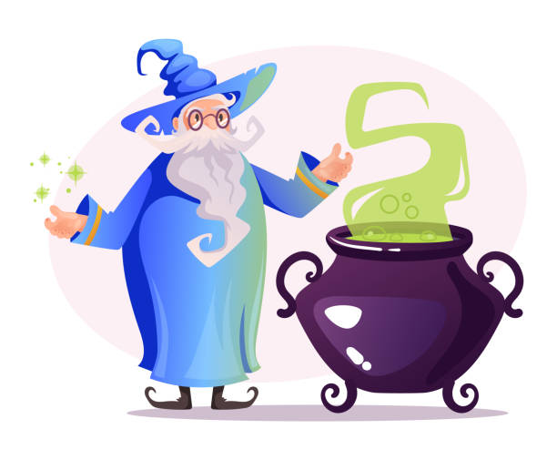 ilustrações de stock, clip art, desenhos animados e ícones de magic wizard magician character alchemist medieval concept. vector graphic design illustration - alchemist