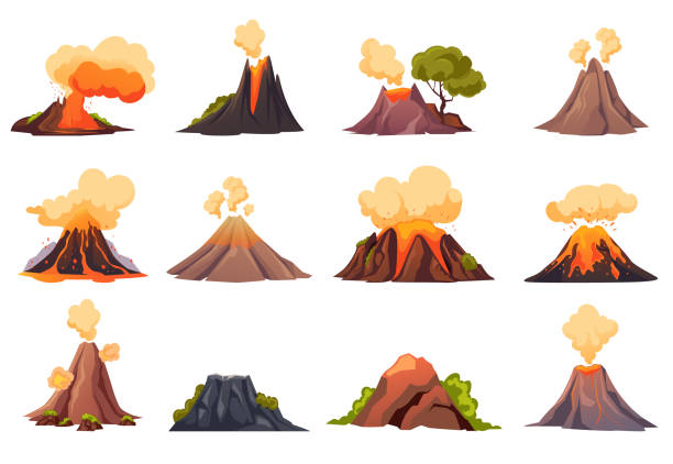 ilustraciones, imágenes clip art, dibujos animados e iconos de stock de erupción volcánica fuego montaña lava aislada sobre fondo blanco conjunto. ilustración de elementos de diseño gráfico vectorial - volcano