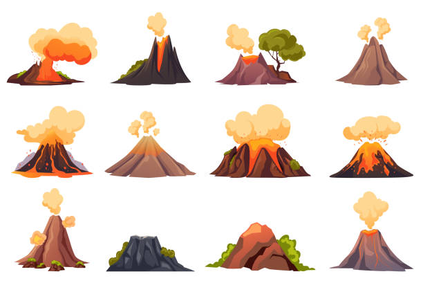ilustrações de stock, clip art, desenhos animados e ícones de volcano eruption fire mountain lava isolated on white background set. vector graphic design element illustration - volcano