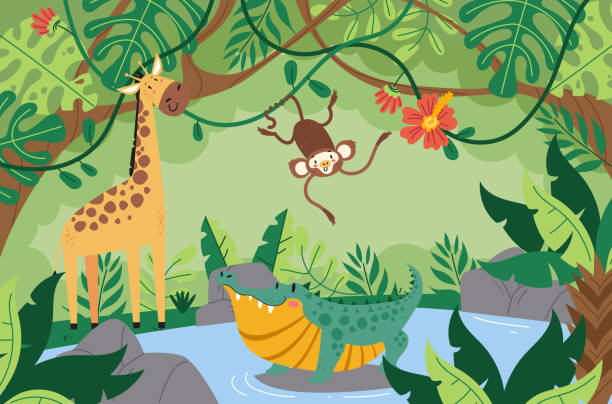 illustrations, cliparts, dessins animés et icônes de animal jungle arbre zoo nature sauvage dessin animé concept. illustration de conception graphique vectorielle - monkey tropical rainforest tree cartoon