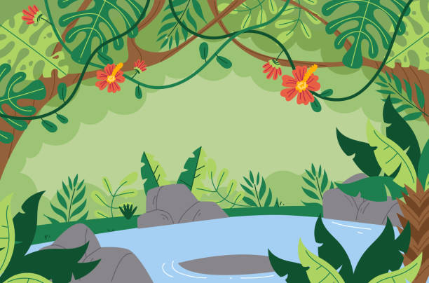 illustrations, cliparts, dessins animés et icônes de animal jungle arbre zoo nature sauvage dessin animé concept. illustration de conception graphique vectorielle - monkey tropical rainforest tree cartoon