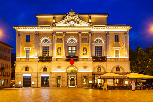 Municipio di Lugano is a Town Hall at the Piazza della Riforma Square in Lugano city in canton of Ticino, Switzerland