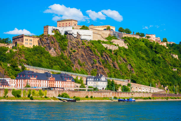 Ehrenbreitstein Fortress aerial panoramic view in Koblenz. Koblenz is city on Rhine, joined by Moselle river.